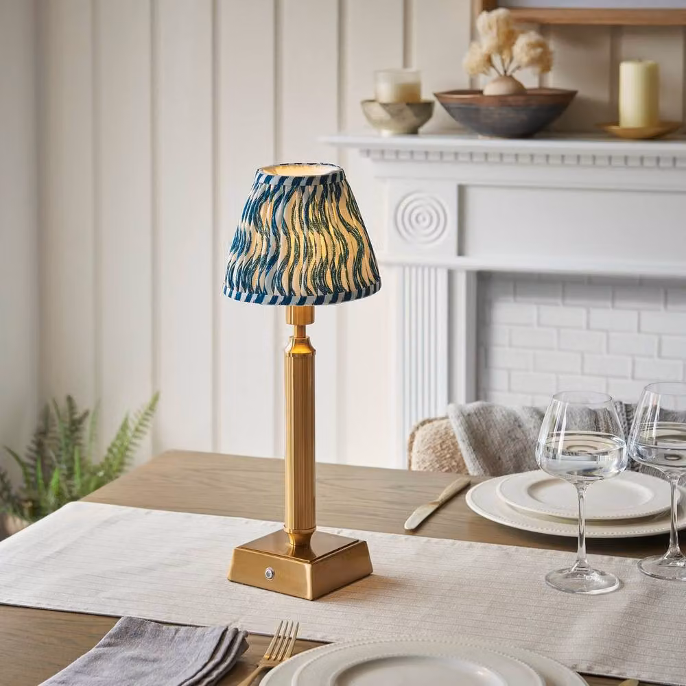 Netlighting Trobridge Rechargeable LED Table Lamp with Blue Fabric Ripple Shade and Gold Brass Base – 2