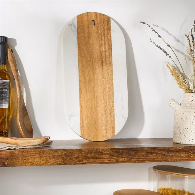 OHS Oval Acacia Wood and White Marble Cutting Board, 18 cm