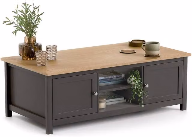Christow Coffee Table with Oak Effect Top, Cupboards and Shelves in Charcoal Grey, W/D/H: 115 x 40 x 60 cm