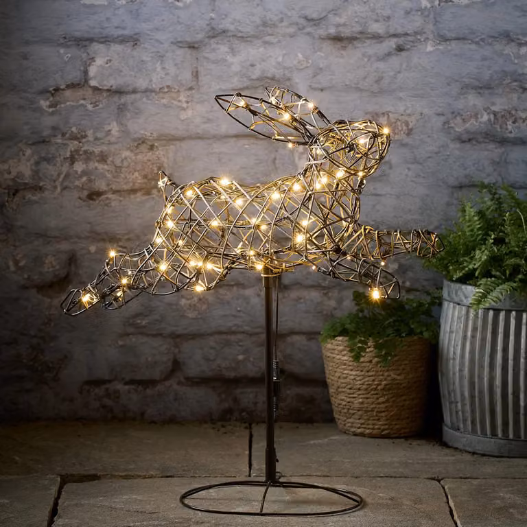 Lights4fun Brown Rattan Leaping Bunny Light Up Garden Decoration, Height: 50 cm