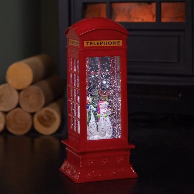 Premier Christmas Telephone Box Water Spinner with Snowman Scene in Red, Height: 26.5 cm – 1