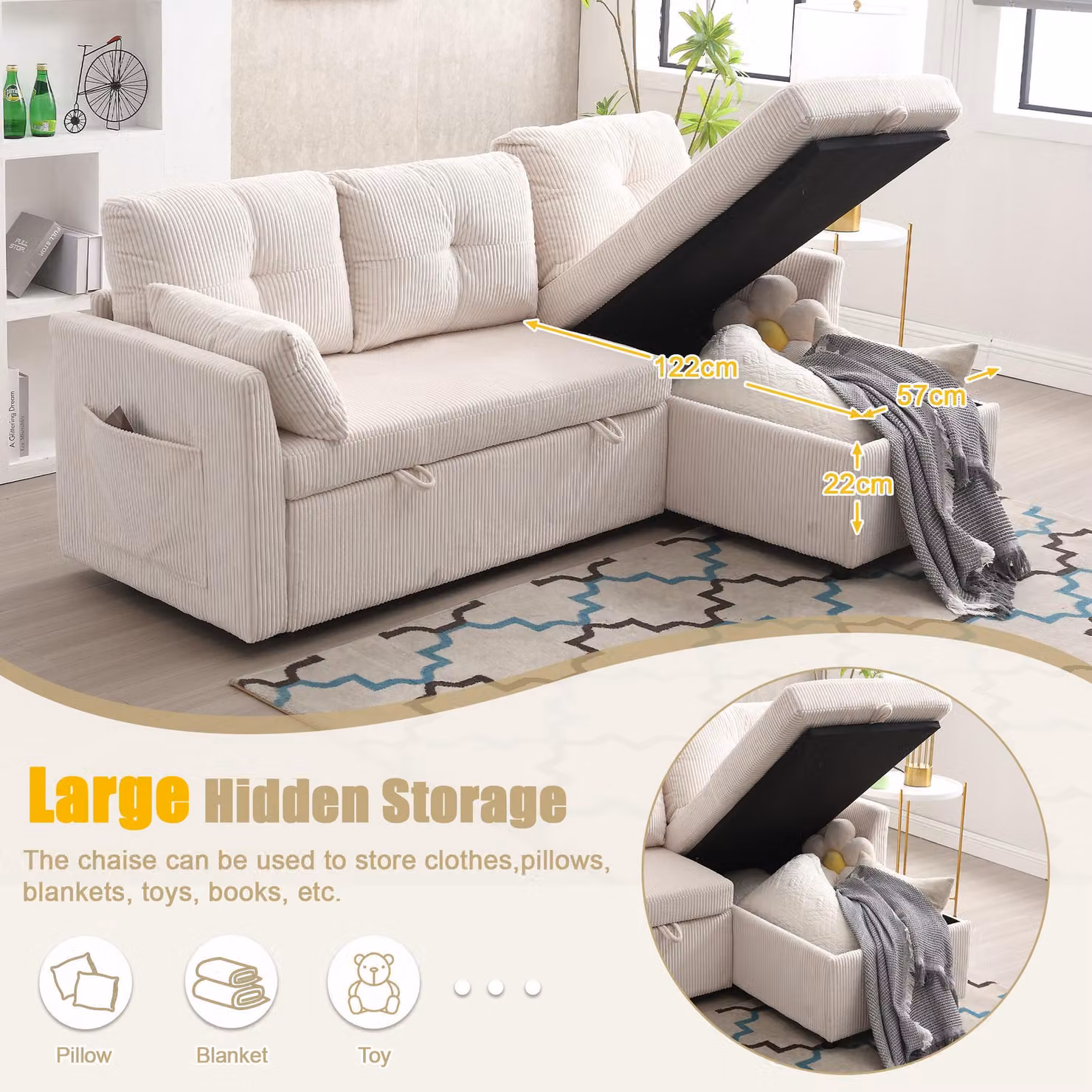 Aosom UK L-Shaped 3-in-1 Convertible Sleeper Sofa with Pull Out Bed and High Storage Chaise, Beige, W/D/H: 206 x 130 x 88 cm – 2