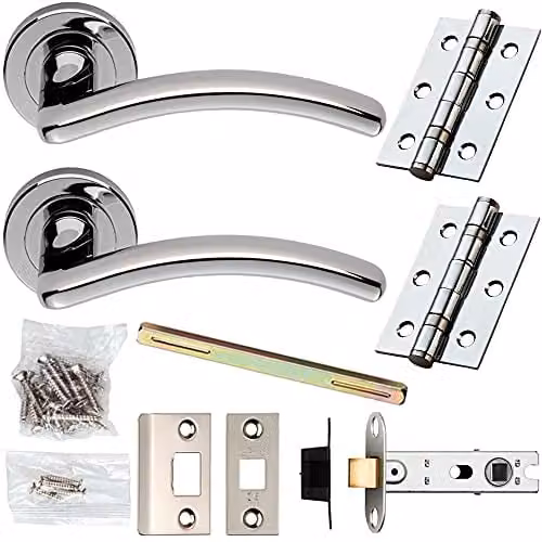 Loops Chrome Modern Arched Curved Bar Door Handle and Latch Pack with Rosette Set