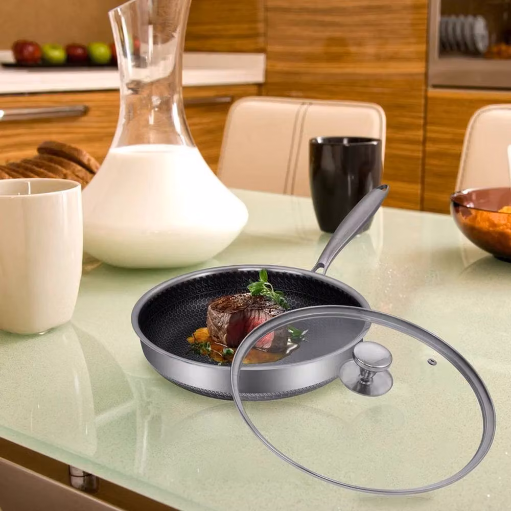 FLAVORA Stainless Steel Induction Geo Hex Frying Pan with Lid, Silver, Diameter: 30 cm – 2