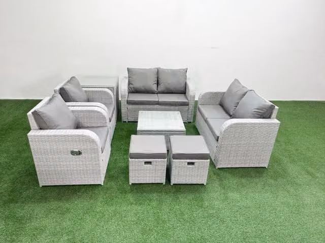 Fimous 8 Seater Rattan Garden Furniture Set in Light Grey with U-Shape Sofa, Reclining Chairs, Coffee Table and Ottomans