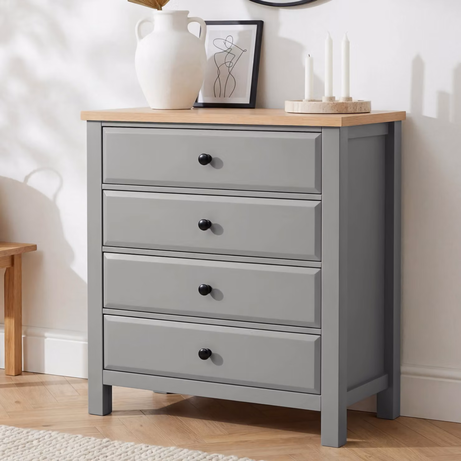 DHS Grey Painted 4 Drawer Chest of Drawers with Oak Top