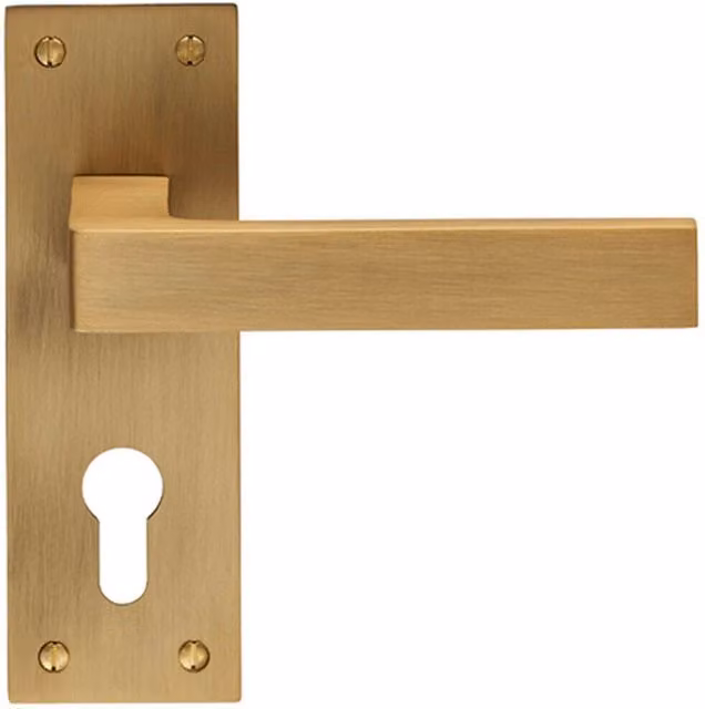 Loops Pair of Straight Square Handle on Euro Lock Backplate in Antique Brass, W: 15 cm, H: 5 cm