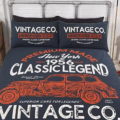 Rapport Home Vintage Graphic Duvet Cover and Pillowcase Set in Blue, Black and White, W/D/H: 180 x 200 cm, Pillowcase: 50 x 75 cm – 2