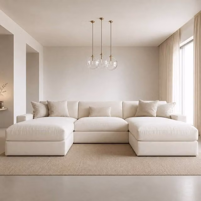 Home & Love Stallion U Shape Cinema Corner Sofa in Naple Cream with Matching Ottoman and Scatter Cushions