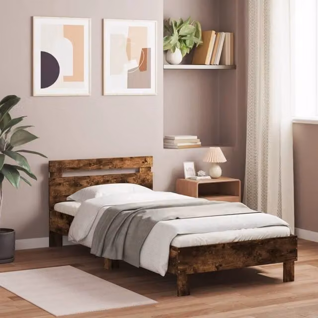 Berkfield Home Durable Bed Frame with LED Under-Bed Lighting in Smoked Oak Brown, W/D/H: 100 x 200 x 70 cm
