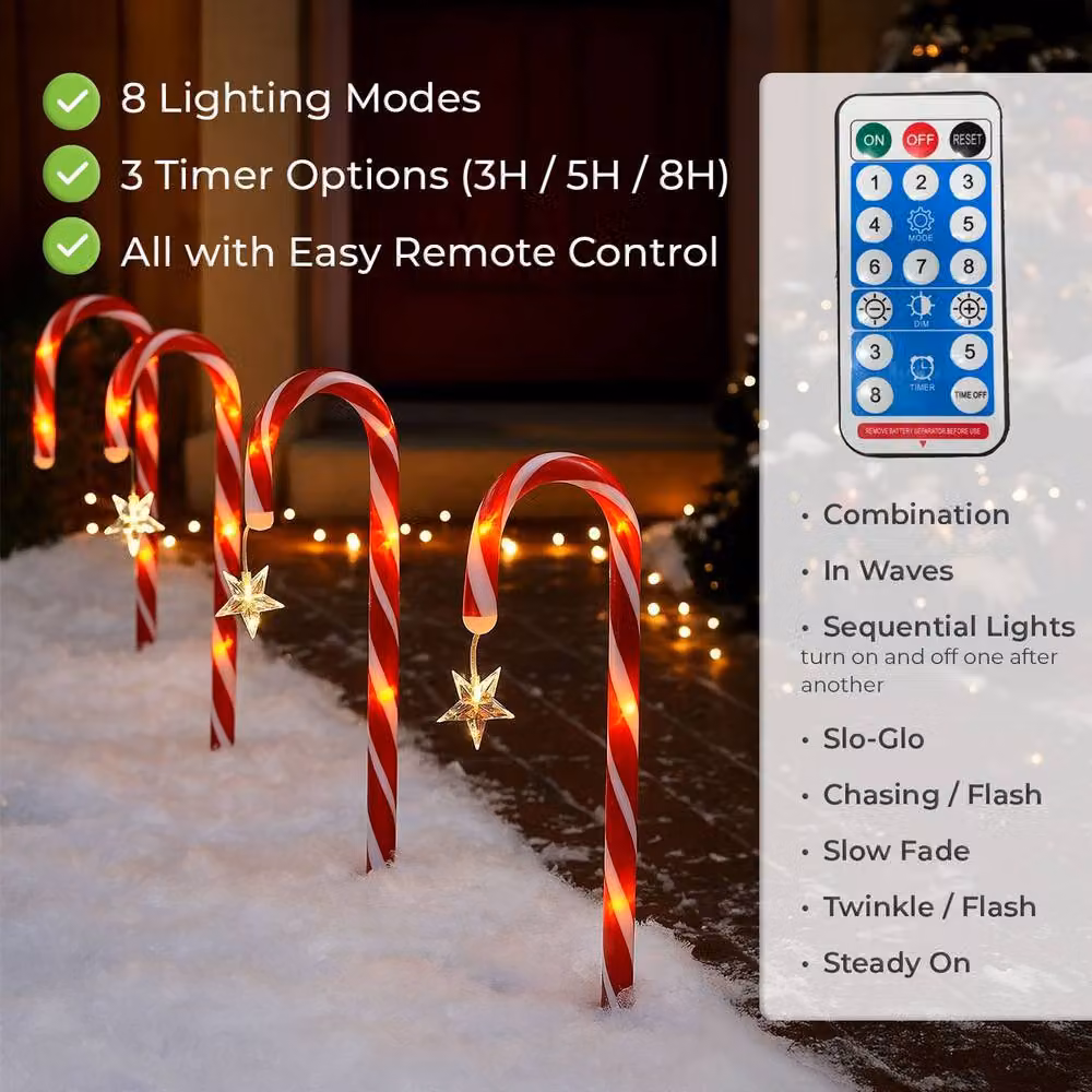 Neo 12-Piece Multicolour and Red Candy Cane Christmas Lights with Remote, Solar Panel and Battery Power, Height: 42 cm – 3