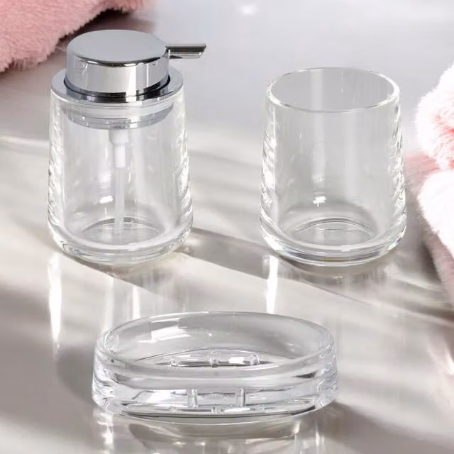 Showerdrape Clarion 3 Piece Transparent Acrylic Bathroom Accessory Set including Soap Dispenser, Soap Dish and Toothbrush Holder