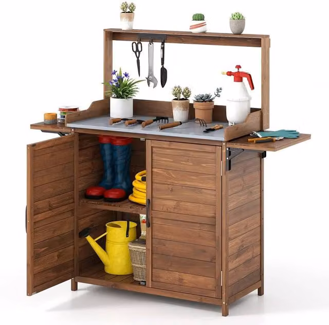 FLAVORA Rustic Brown Outdoor Potting Bench Wood and Metal Tabletop, W: 100 cm, D: 15 cm