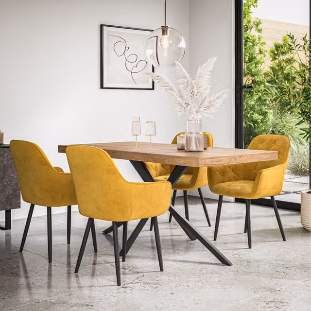 More4Homes Donni Dining Table and 6 Anika Velvet Chairs in Mustard and Black with Oak Effect Top