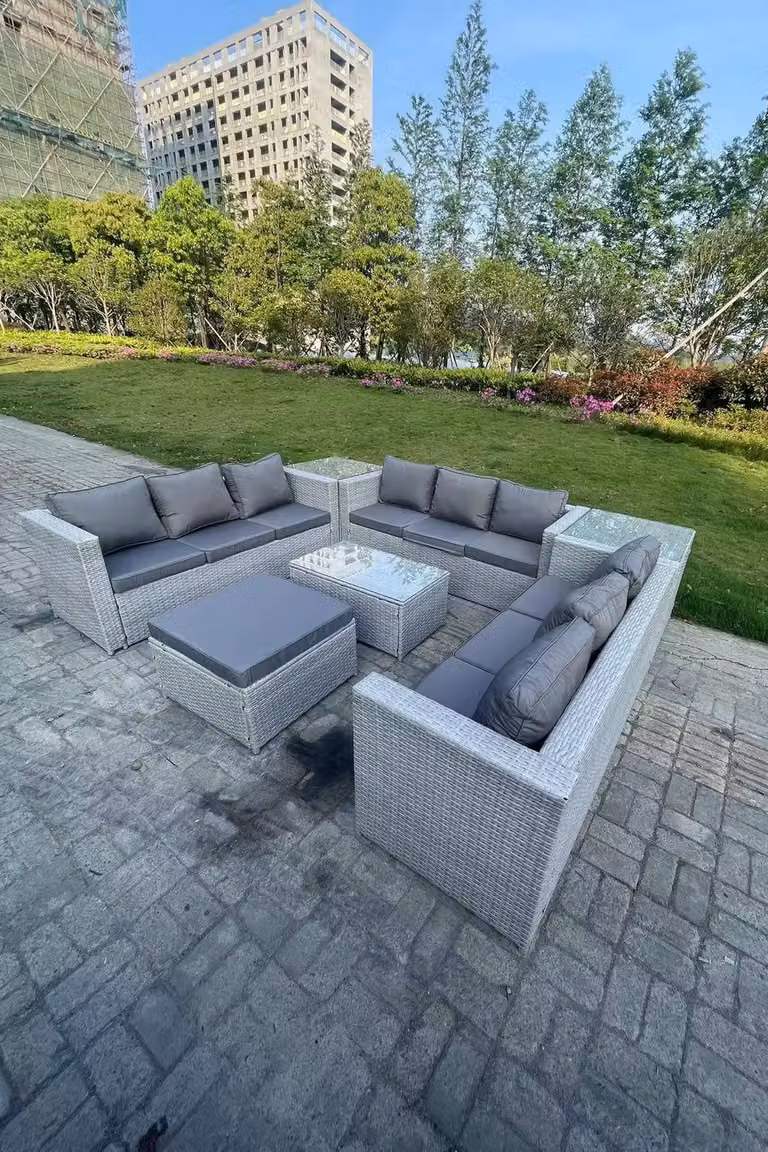 Fimous Light Grey Outdoor Rattan Garden Furniture Set with Lounge Sofa, 2 Coffee Tables and Large Footstool