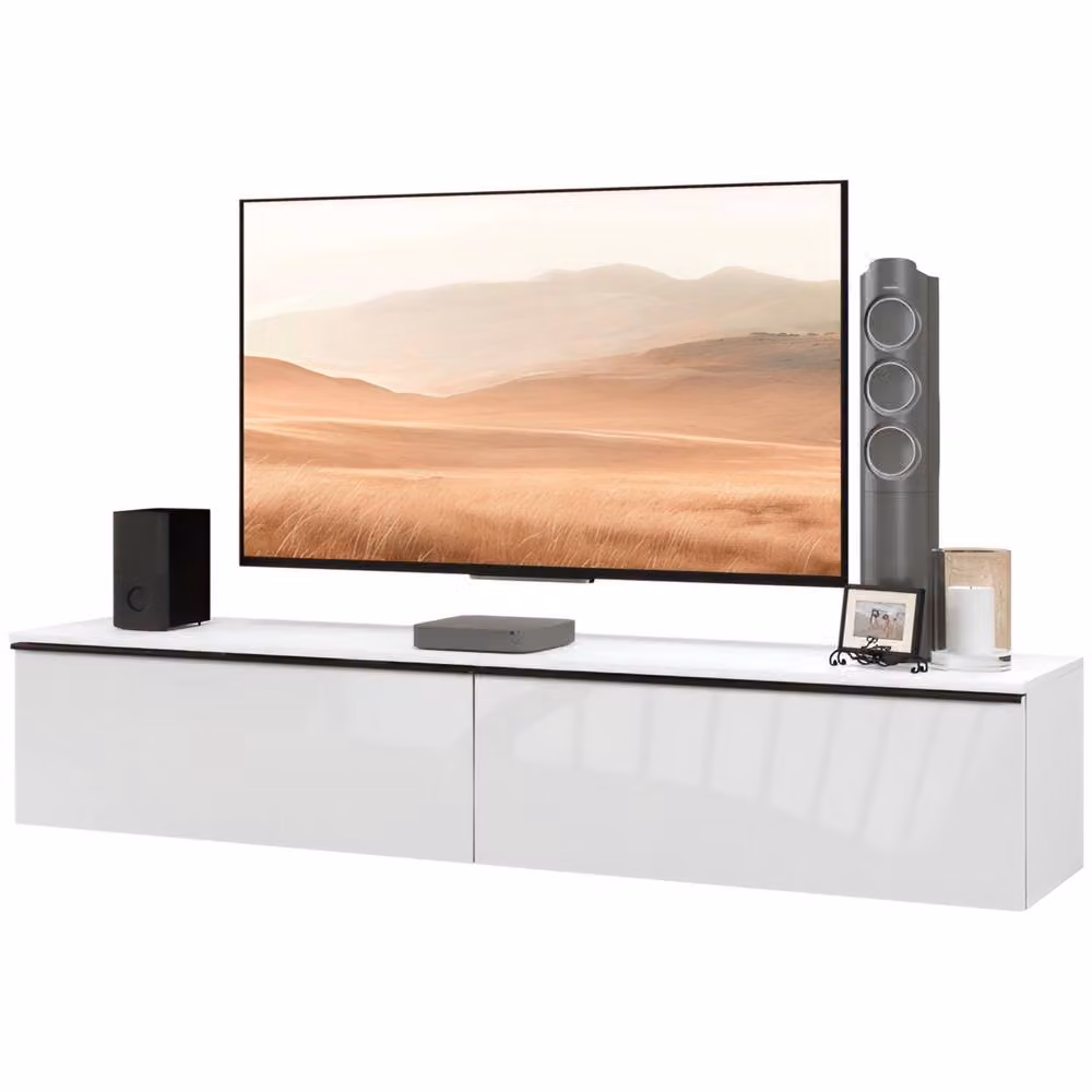 STILVORA Modern Wall-Mounted White Glossy Wood TV Unit with Media Compartments – 5