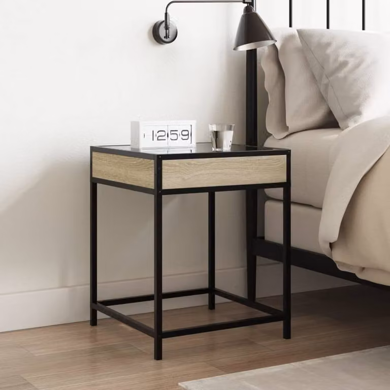 Berkfield Home Infinity LED Decorative Bedside Table in Sonoma Oak and Light Tan, W/D/H: 40 x 40 x 51 cm
