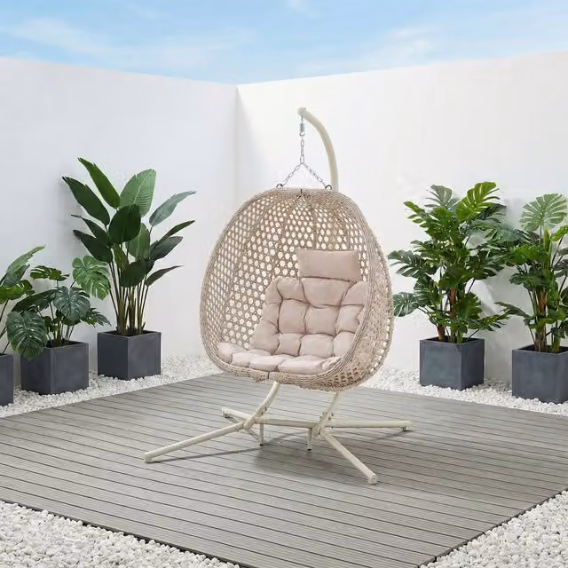 More4Homes Como Hanging Rattan Egg Chair with Stand and Cushions in Beige