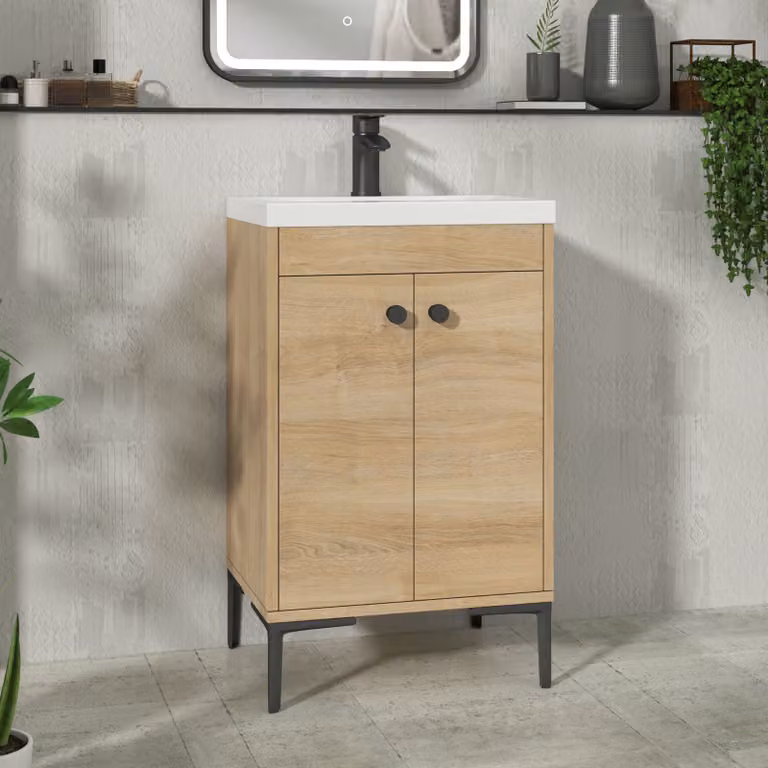 Royal Bathrooms Verona 500mm Natural Oak Floor Standing 2 Door Vanity Unit with Mid-Edge Basin and Matt Black Knob