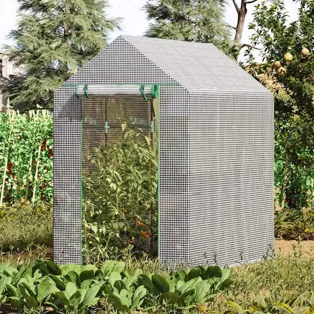 Outsunny Freestanding Walk In Greenhouse with Shelves and Roller, White