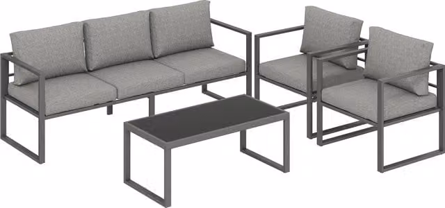 Outsunny 4 Piece Grey Outdoor Garden Furniture Set with 3-Seater Sofa, Armchairs and Glass Coffee Table