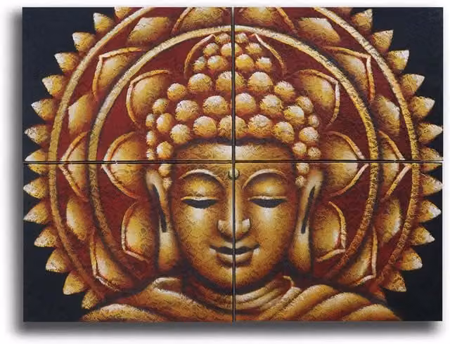 KDMD Set of 4 Gold Buddha Mandala Brocade Detail Oriental Hanging Canvas Paintings in Brown, W: 30 cm, H: 40 cm – 1