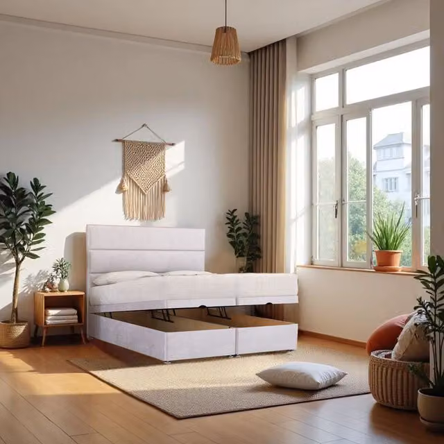 Knight Sleep York End Opening Ottoman Bed with Orthopaedic Hybrid Mattress and 24 inch Headboard in Cream, Size: Double (W/D/H: 140 x 200 cm)