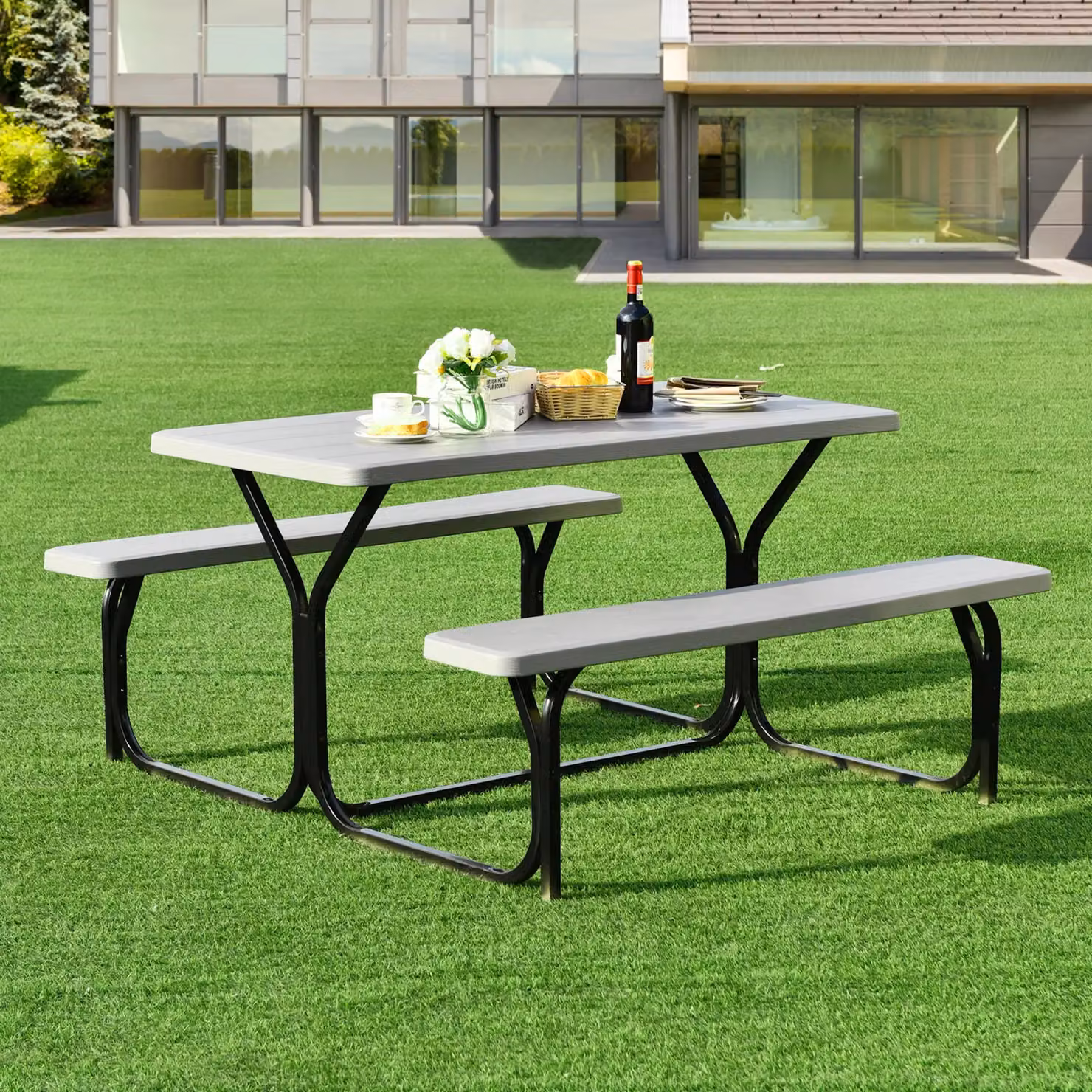 Costway Outdoor Picnic Table and Bench Set in Grey – 5