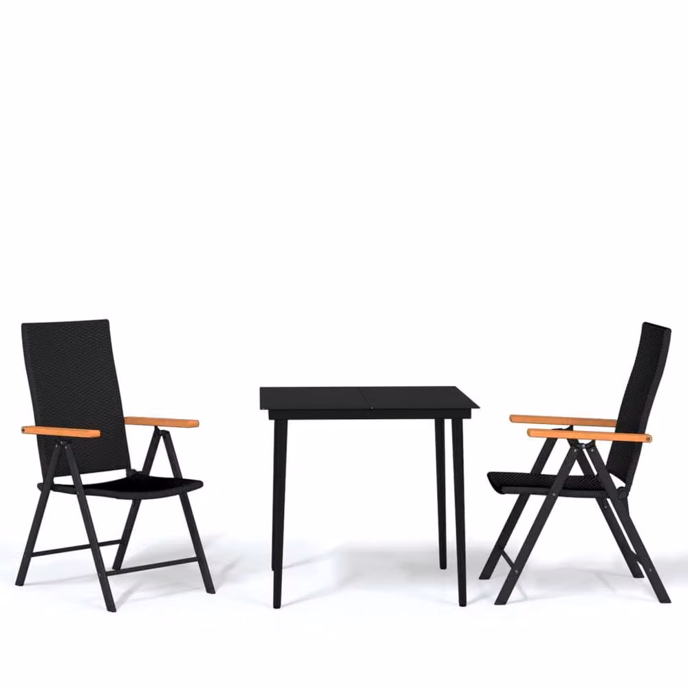 Berkfield Home 3 Piece Black Garden Dining Set with Glass Top and Powder Coated Steel Frame – 2