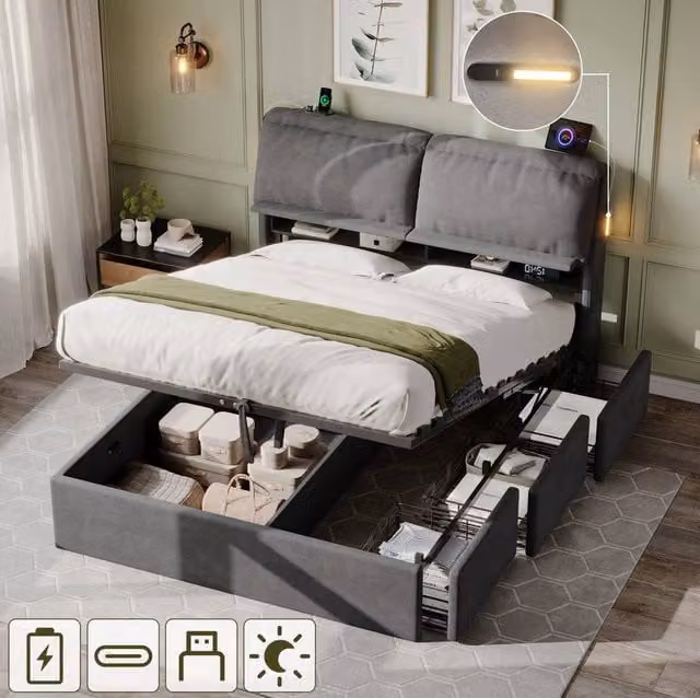 STILVORA Grey Velvet King Ottoman Bed with Storage, USB Charging Port and LED Lighting, W/D/H: 180 x 200 x 150 cm – 1