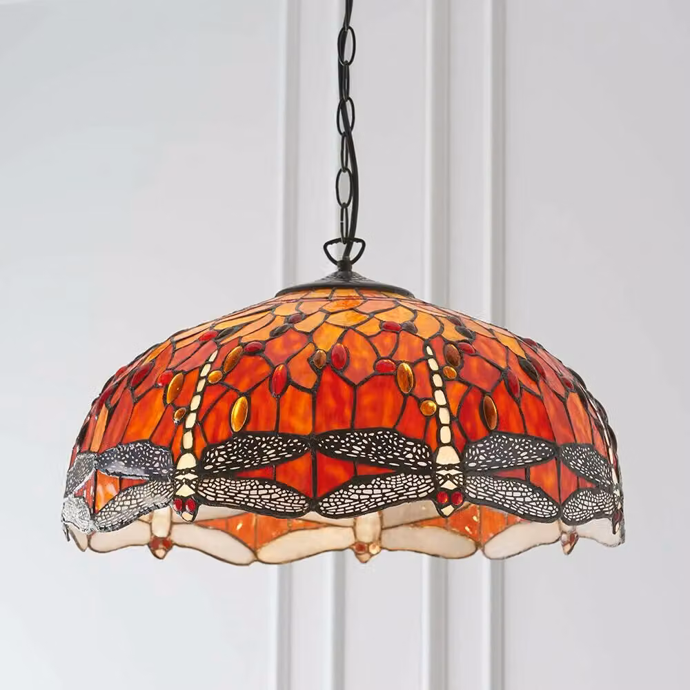 Loops Tiffany Glass Dragonfly Hanging Ceiling Pendant Light, Multicolour Orange and Red with Bronze Metal, 3 Lamp Shade – 2