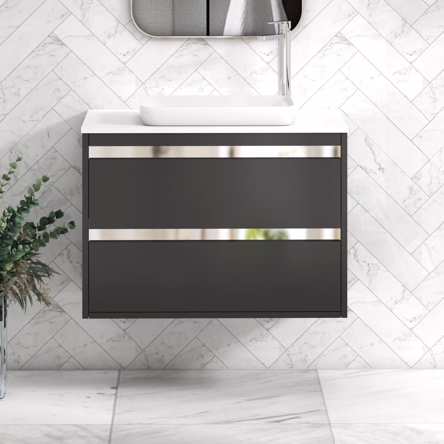 Royal Bathrooms Orion 800mm Wall Mounted Vanity Unit in Matt Obsidian Black with White Qubix Basin and Chrome Accent Trim