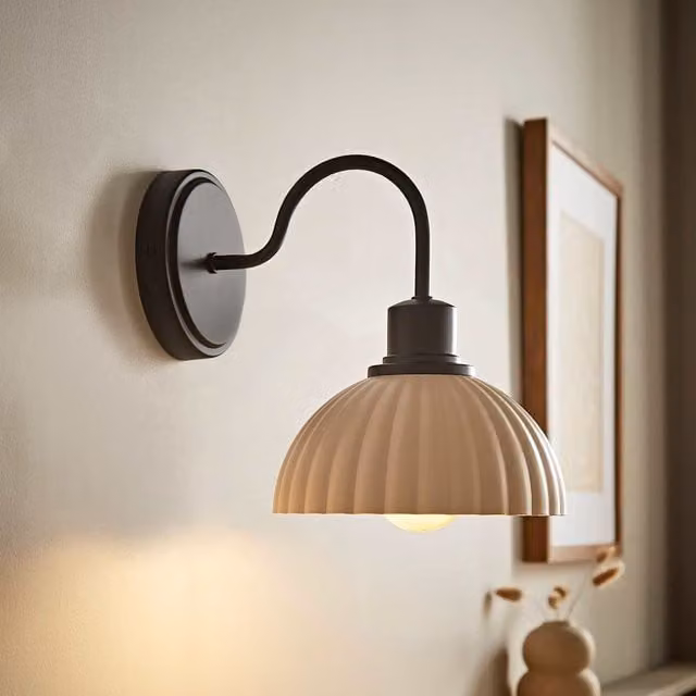 ValueLights Bourton Pair of Black Wall Lights with Cream Ribbed Dome Shades and Bulbs Included