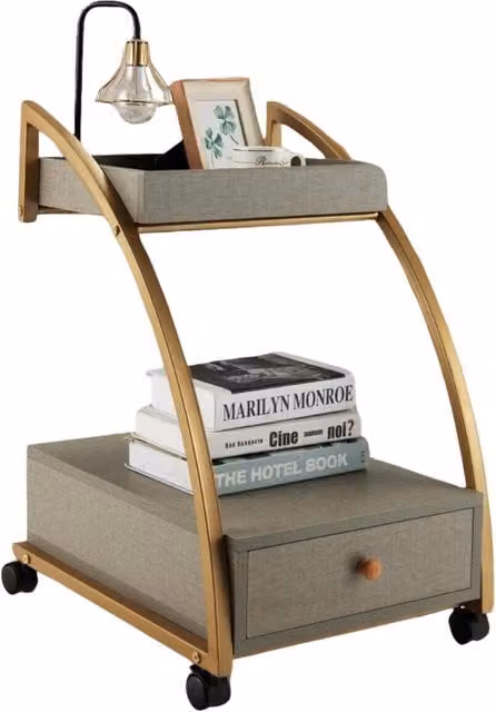 Pirlo Plush Rolling Bedside Table with Drawer in Gold