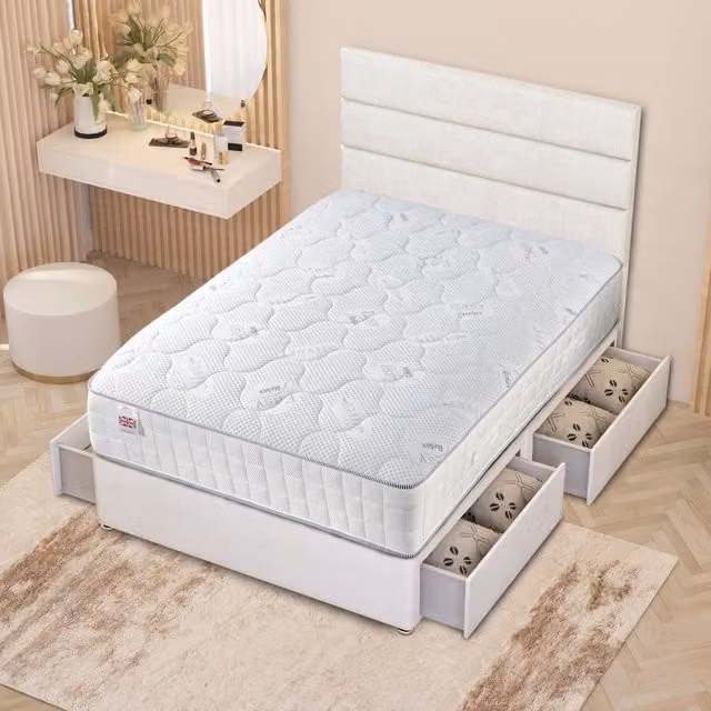 Somnior Beds Ltd Modern Upholstered Fabric Divan Bed Frame with Headboard and Drawers, White, W/D: 180 x 200 cm