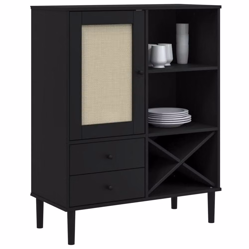 Berkfield Home SENJA Highboard in Black Rattan Look, Solid Pine Wood, W/D/H: 90 x 40 x 112 cm – 3