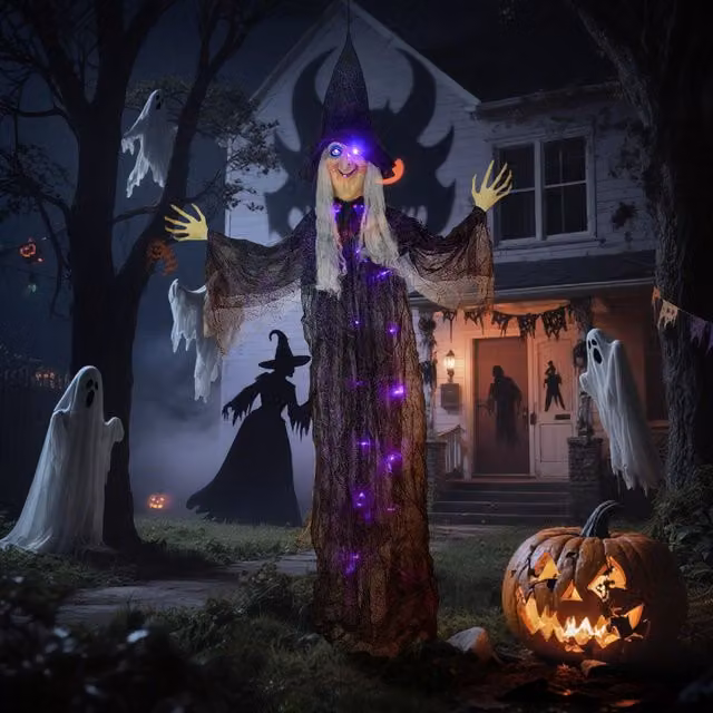 OUTSUNNY Voice Activated Halloween Witch Animatronic Hanging Decoration in Black and Purple