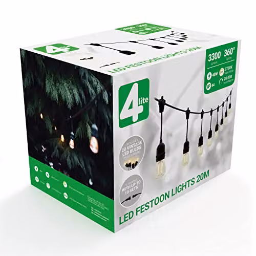 4lite Black Festoon Outdoor String Lighting with 20m Length, 20 Globe Bulb Holders and Warm White Bulbs Included, IP44 Rated – 5