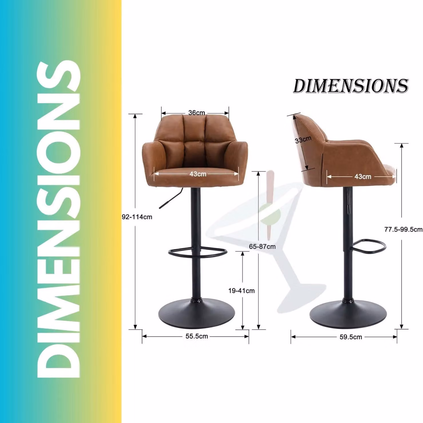 FURNOS Set of 2 Brown PU Leather Height Adjustable 360 Swivel Barstools with Armrests – 2