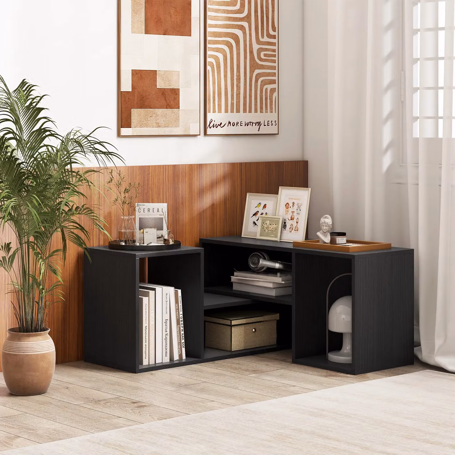 Costway 2 Piece Modern Black TV Media Console Table with Rotating Top and Storage Shelf – 3