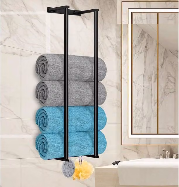 EONLION Wall Mounted Metal Towel Holder and Bathroom Storage Shelf in Matt Black – 1