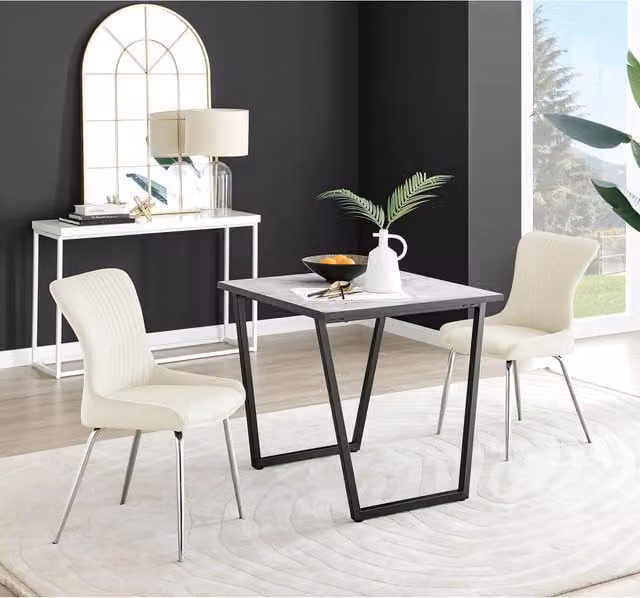 FurnitureboxUK Carson White Marble Effect Square Dining Table and 2 Nora Silver Leg Chairs in Cream