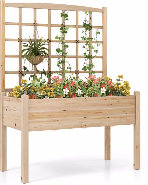 COSTWAY Wooden Raised Garden Bed Elevated Planter Box in Brown, W/D/H: 156 x 130 x 60 cm