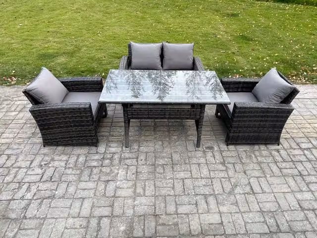 Fimous Dark Grey Rattan Outdoor Garden Furniture Set with Rectangular Glass Top Dining Table and Lounge Sofa