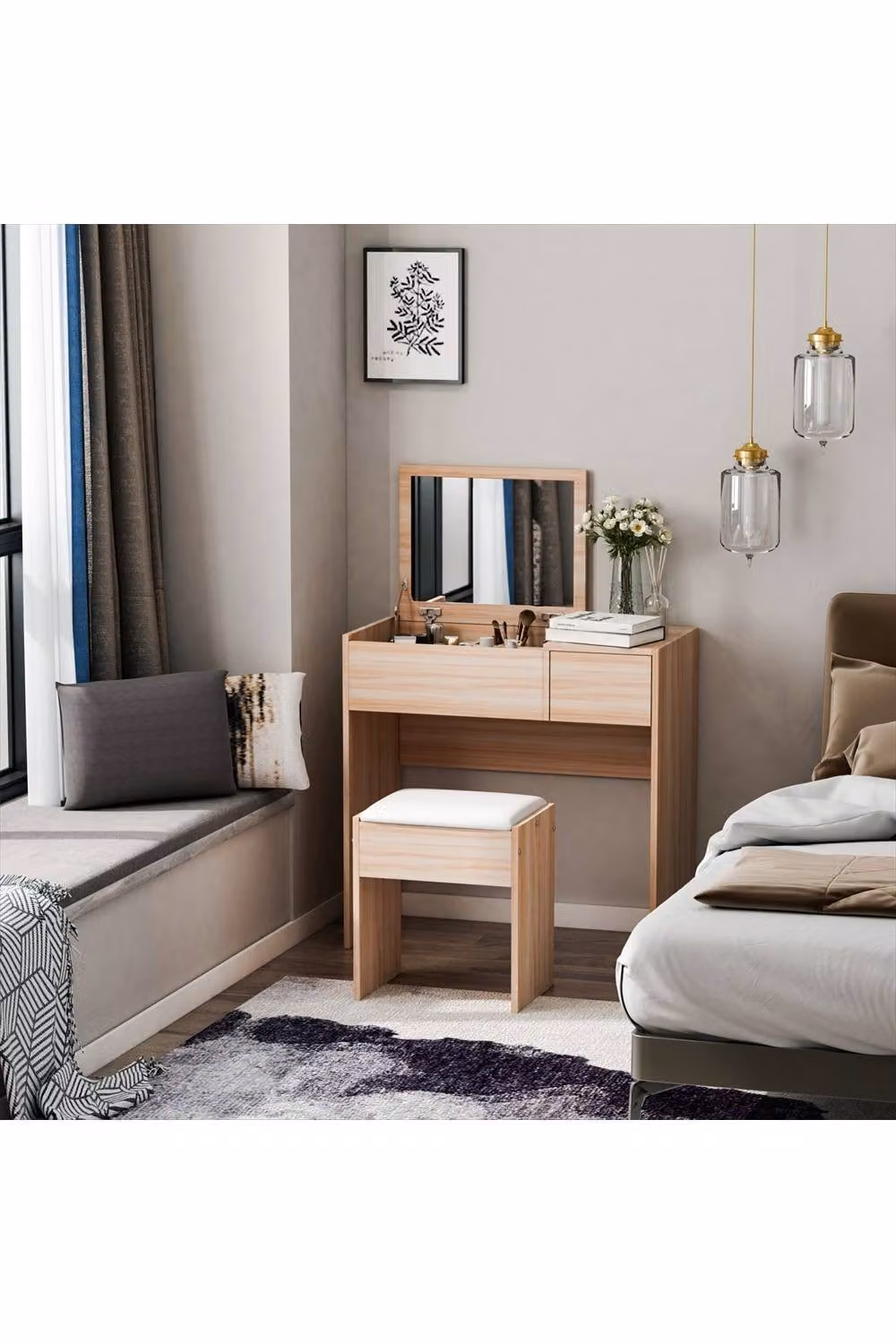 ERGOVEXA Minimalist Wood Dressing Table with Flip-Up Mirror and Cushioned Seat in White or Brown – 2