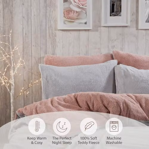 Brentfords Reversible Teddy Fleece Duvet Cover and Pillowcase Set in Pink and Grey, Single – 3