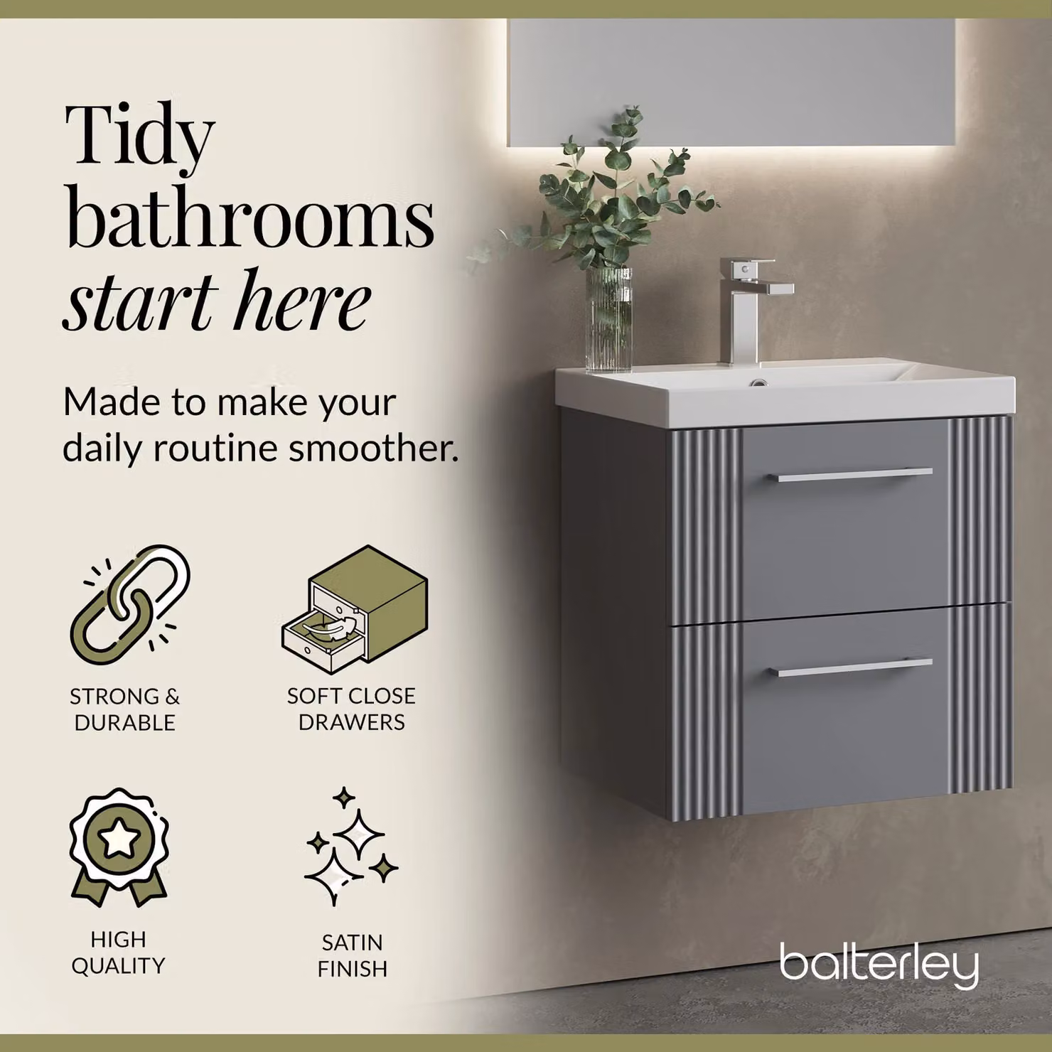 Balterley Wall Hung 2 Drawer Vanity Unit with Thin-Edge Vitreous China Basin, Satin Grey, 500mm – 2