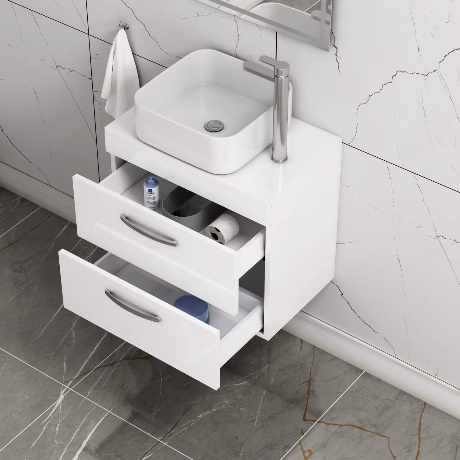 Royal Bathrooms Elena Gloss White Wall Hung 2-Drawer Vanity Unit and Countertop Basin