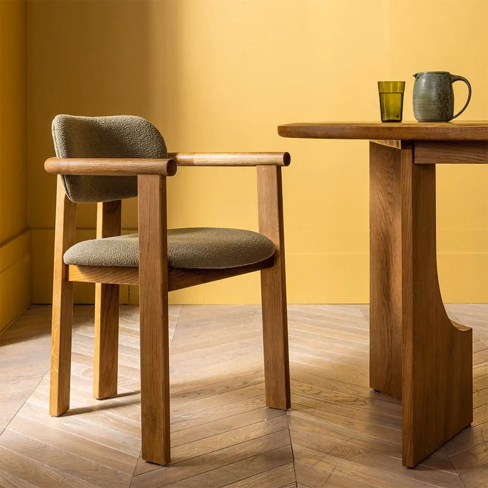 Atkin & Thyme Cora Oak Dining Chair in Olive Green Bouclé