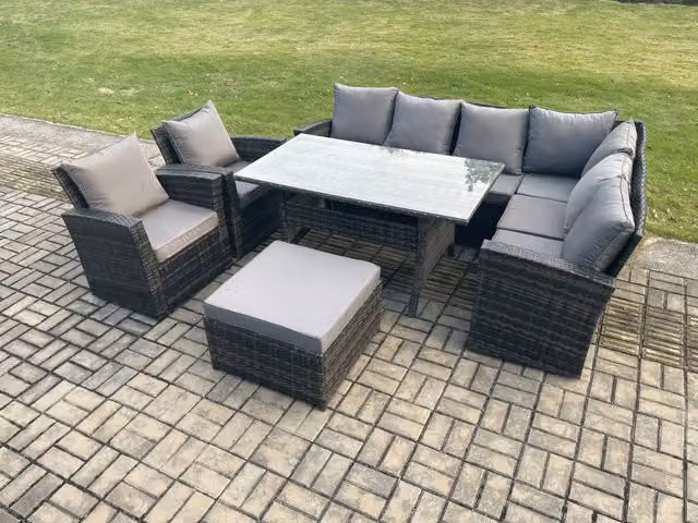 Fimous 9 Seater Garden Rattan Furniture Set in Dark Grey with Corner Sofa, Dining Table, Chairs and Footstool